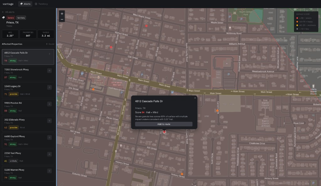 Vantage product UI: hail footprint stats, ranked addresses with damage scores, map with parcel popup and Add to route